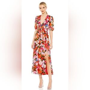Ieena, Mac Duggal Multicolor Floral Front Tie Puff Sleeve Flowy Dress  # 55626